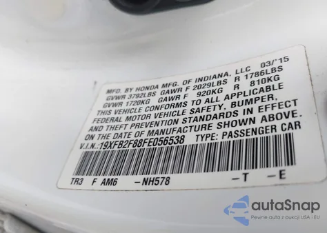 2015 Honda Civic Ex z USA, uszkodzony, nr VIN 19XFB2F88FE056538